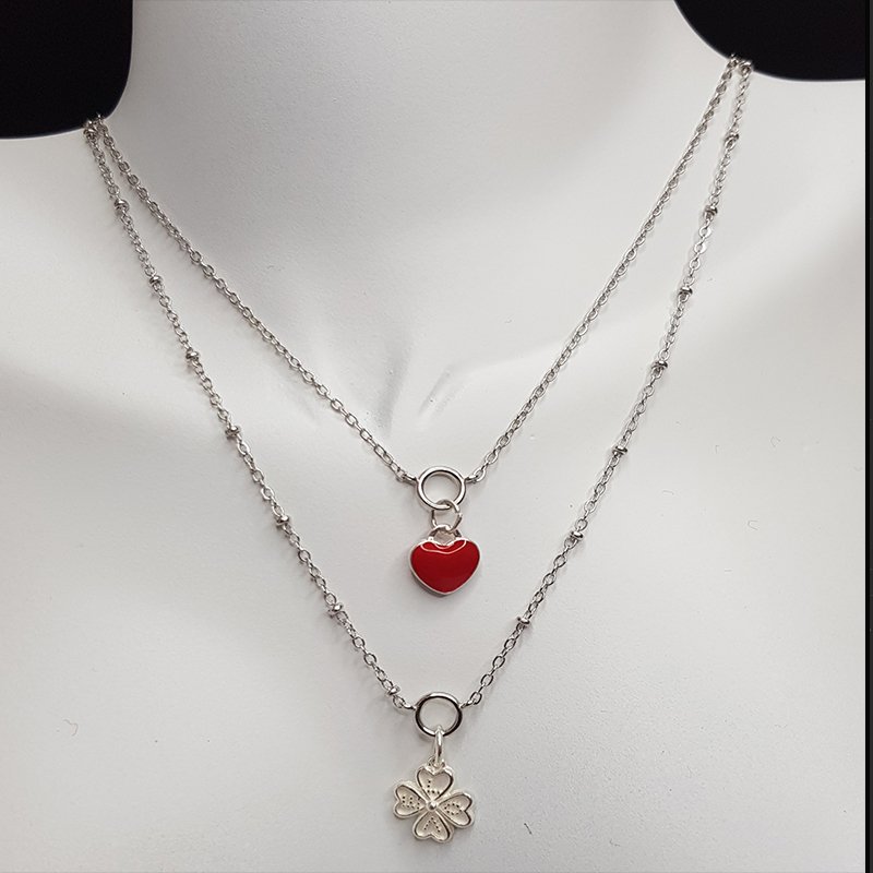 Ts001042 - 925S Gümüş, 2'Li Şans Kolyesi  40+5 Cm