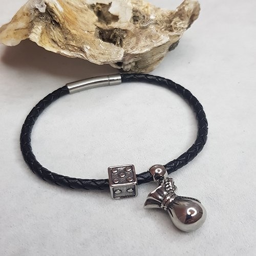 Ts000040  - Gerçek Deri, Para Kesesi Şans Deri + P.Çelik El İşi/Tasarım Erkek Bileklik 6 Cm İç Çap
