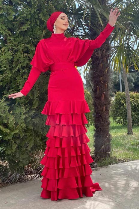 Red Asude Hijab Evening Dress