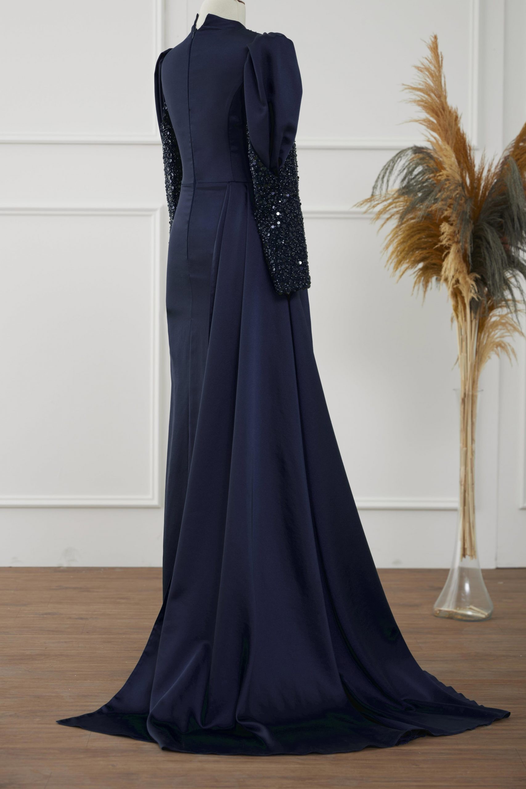 Navy Blue Plaid Evening Dress