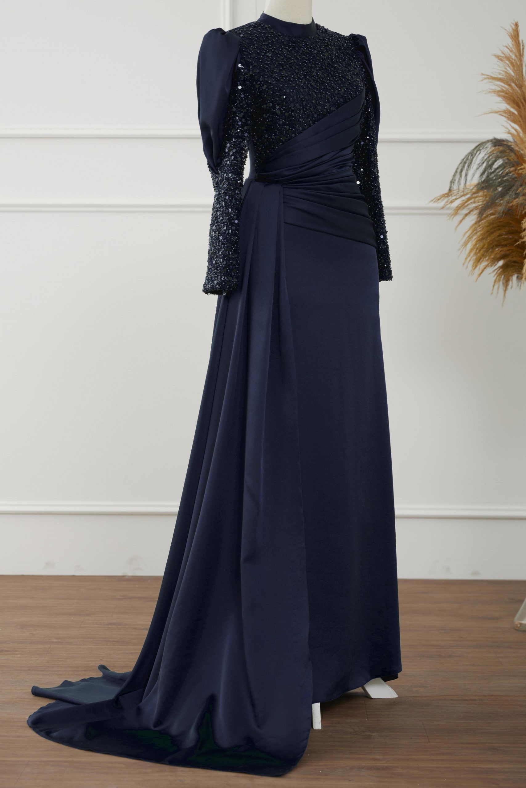 Navy Blue Plaid Evening Dress