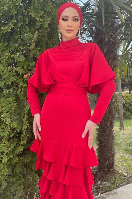 Red Asude Hijab Evening Dress