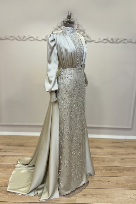 Azalea Tailed Evening Dress Beige