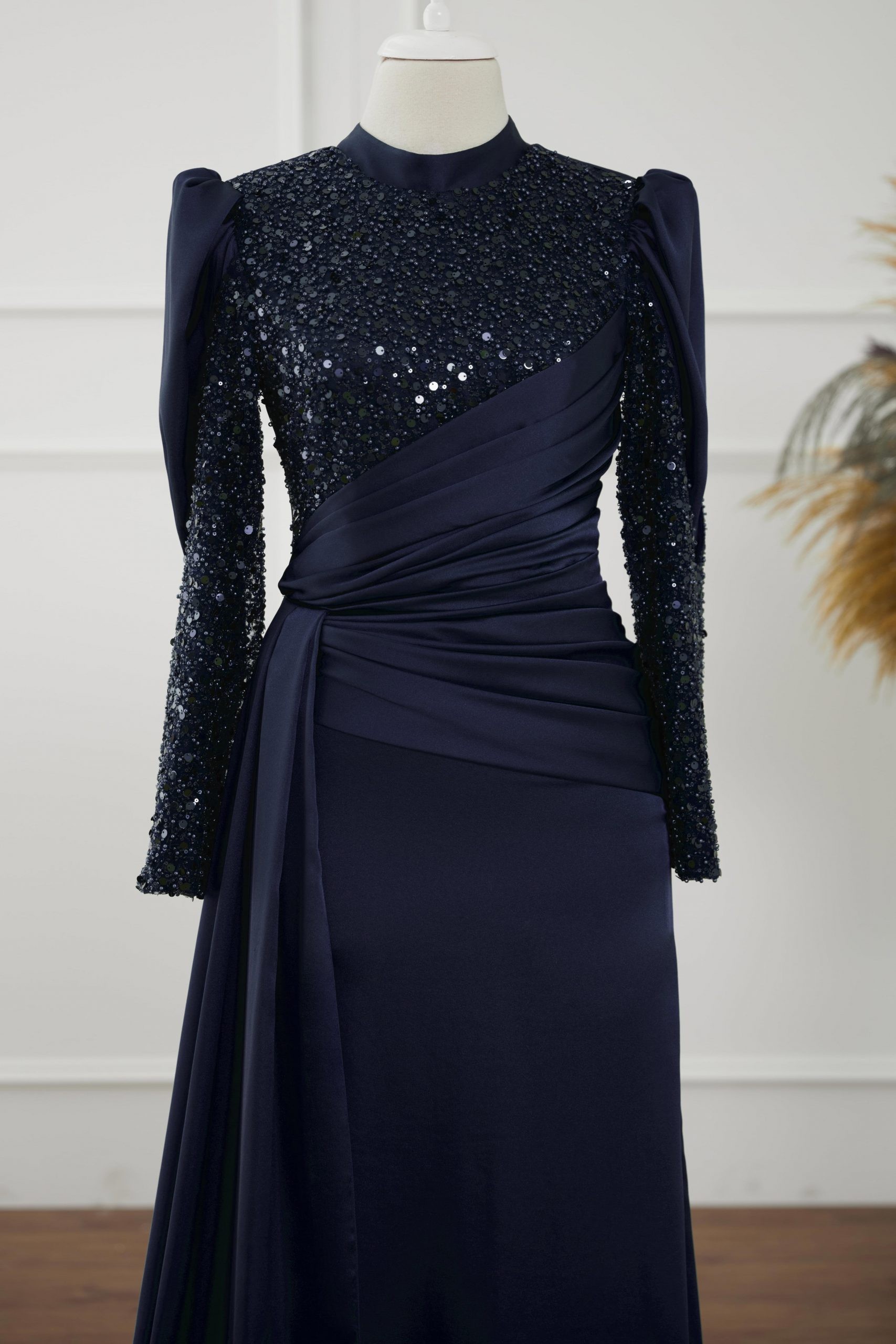 Navy Blue Plaid Evening Dress