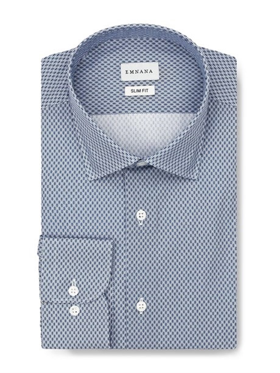 Lacivert Desenli Slim Fit Print Gömlek