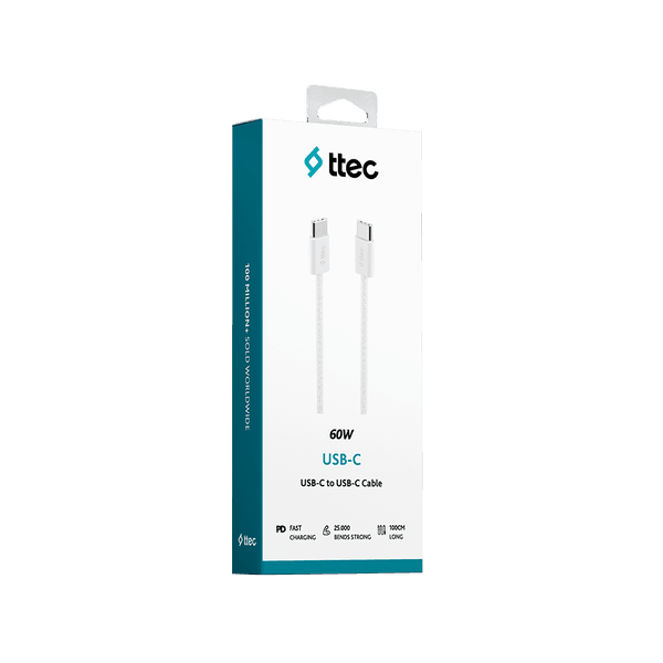 Ttec USB-C - USB-C 100cm 60W PD Örgü Hızlı Şarj/Data Kablosu Beyaz