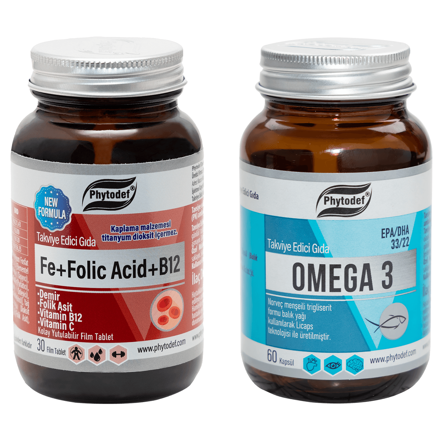 Demir + Folik Asit + Vitamin B12 + Vitamin C - 30 Tablet & Omega 3 Licaps, 500mg 60 Kapsül 330/220 Norveç Menşeli Balık Yağı, Kapsül (Balık Jelatini)