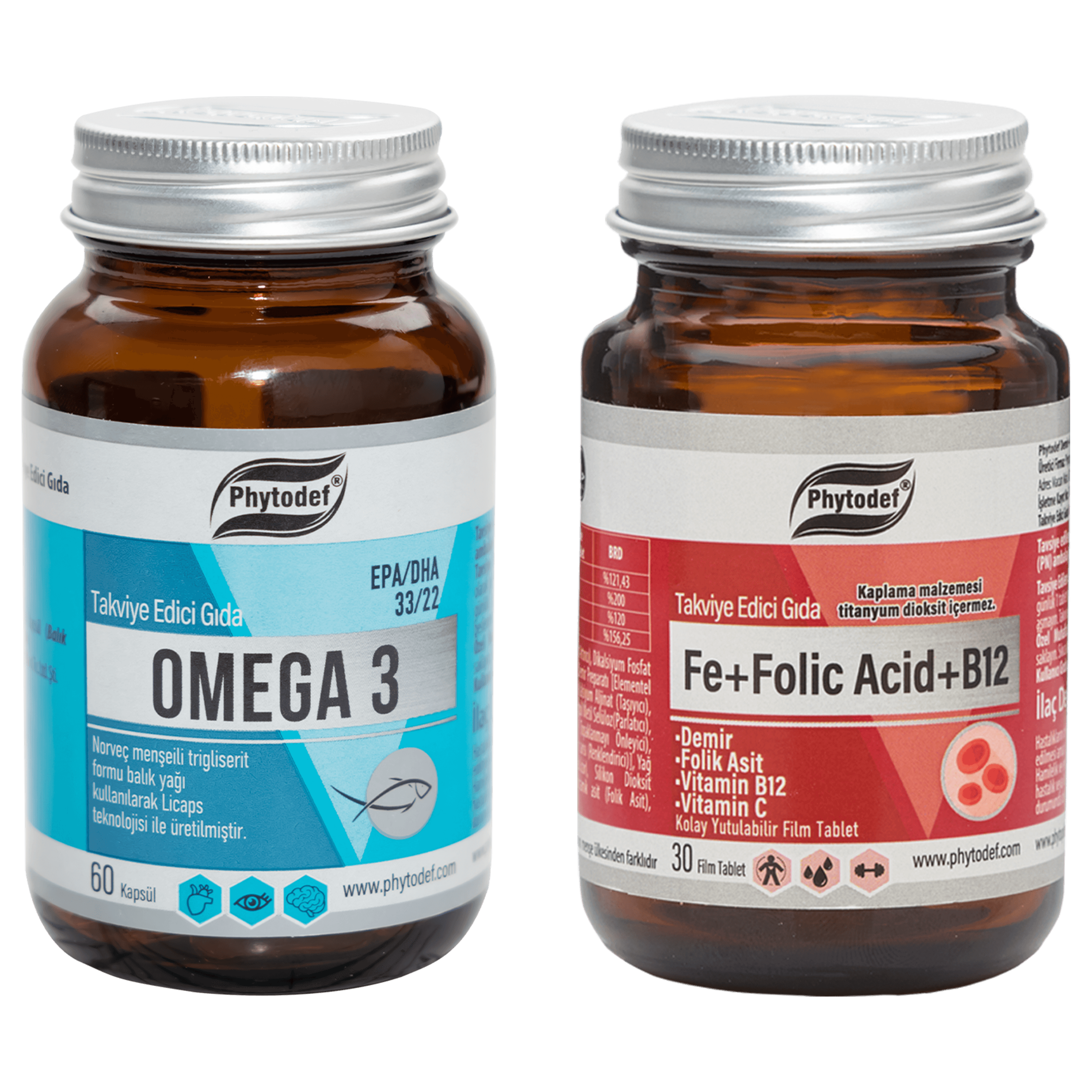 Demir + Folik Asit + Vitamin B12 + Vitamin C - 30 Tablet & Omega 3 Licaps, 500mg 60 Kapsül 330/220 Norveç Menşeli Balık Yağı, Kapsül (Balık Jelatini)