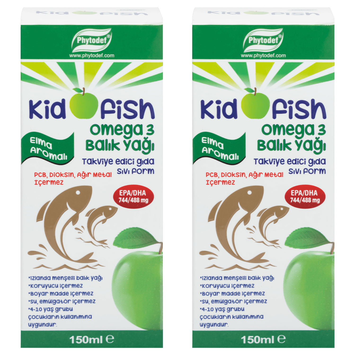 Kidofish Omega 3 İzlanda Menşeli Balık Yağı EPA/DHA 744/488 - 150 ml (Elma Aromalı) X2 Adet