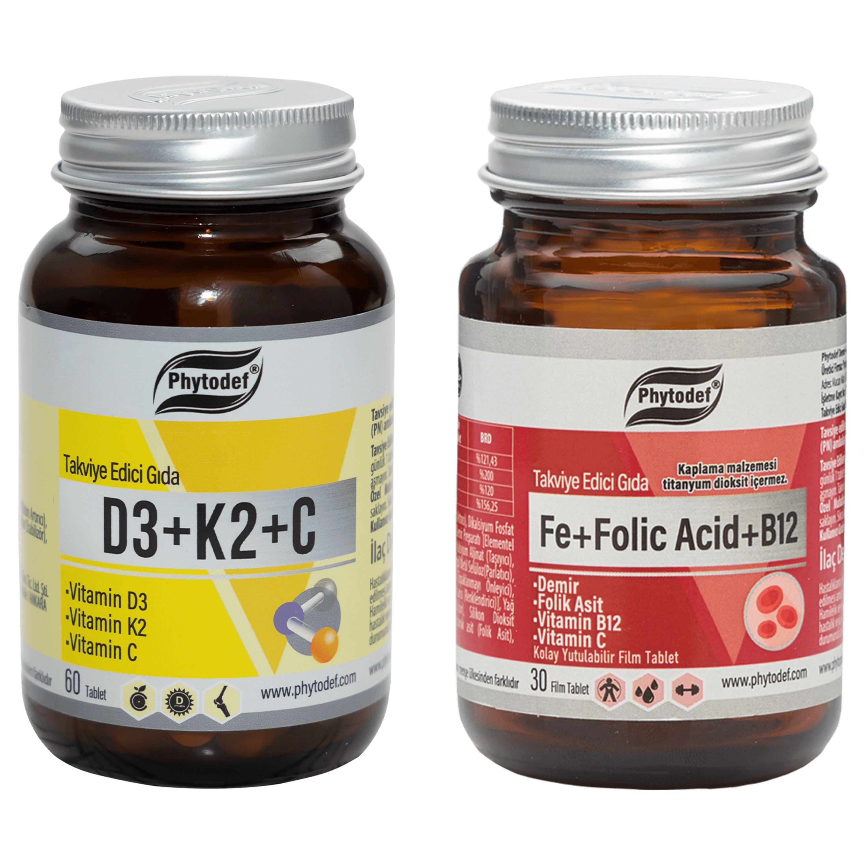 Demir + Folik Asit + Vitamin B12 + Vitamin C - 30 Tablet & D3 + K2 + C - 60 Tablet