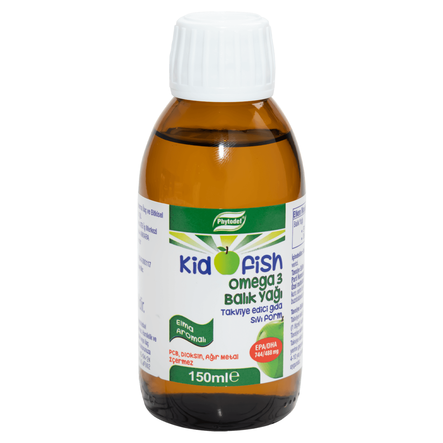 Kidofish Omega 3 İzlanda Menşeli Balık Yağı EPA/DHA 744/488 - 150 ml (Elma Aromalı) 