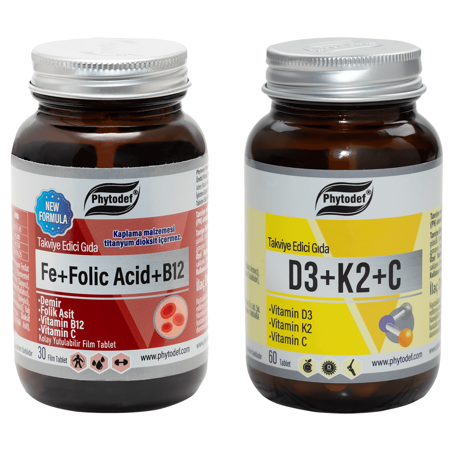Demir + Folik Asit + Vitamin B12 + Vitamin C - 30 Tablet & D3 + K2 + C - 60 Tablet