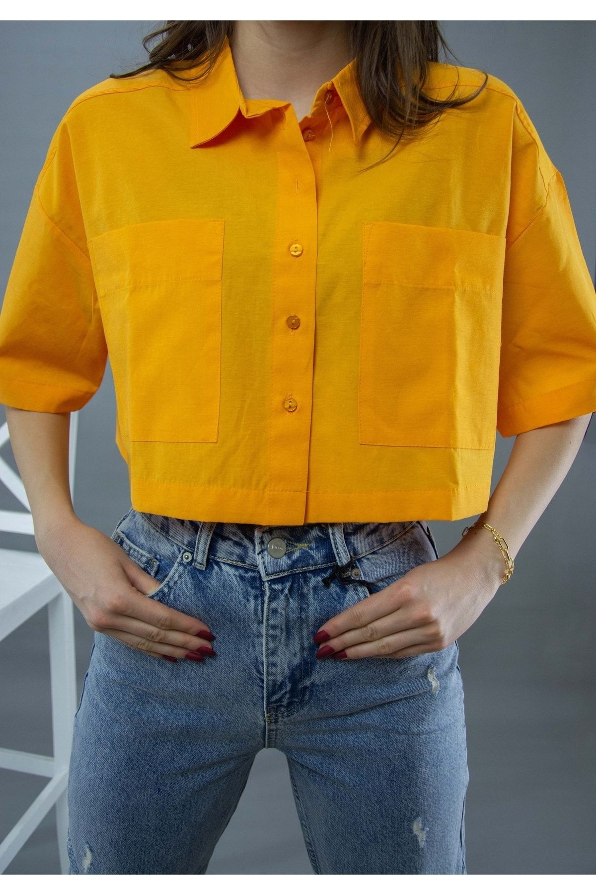 Çift Cepli Crop Gömlek