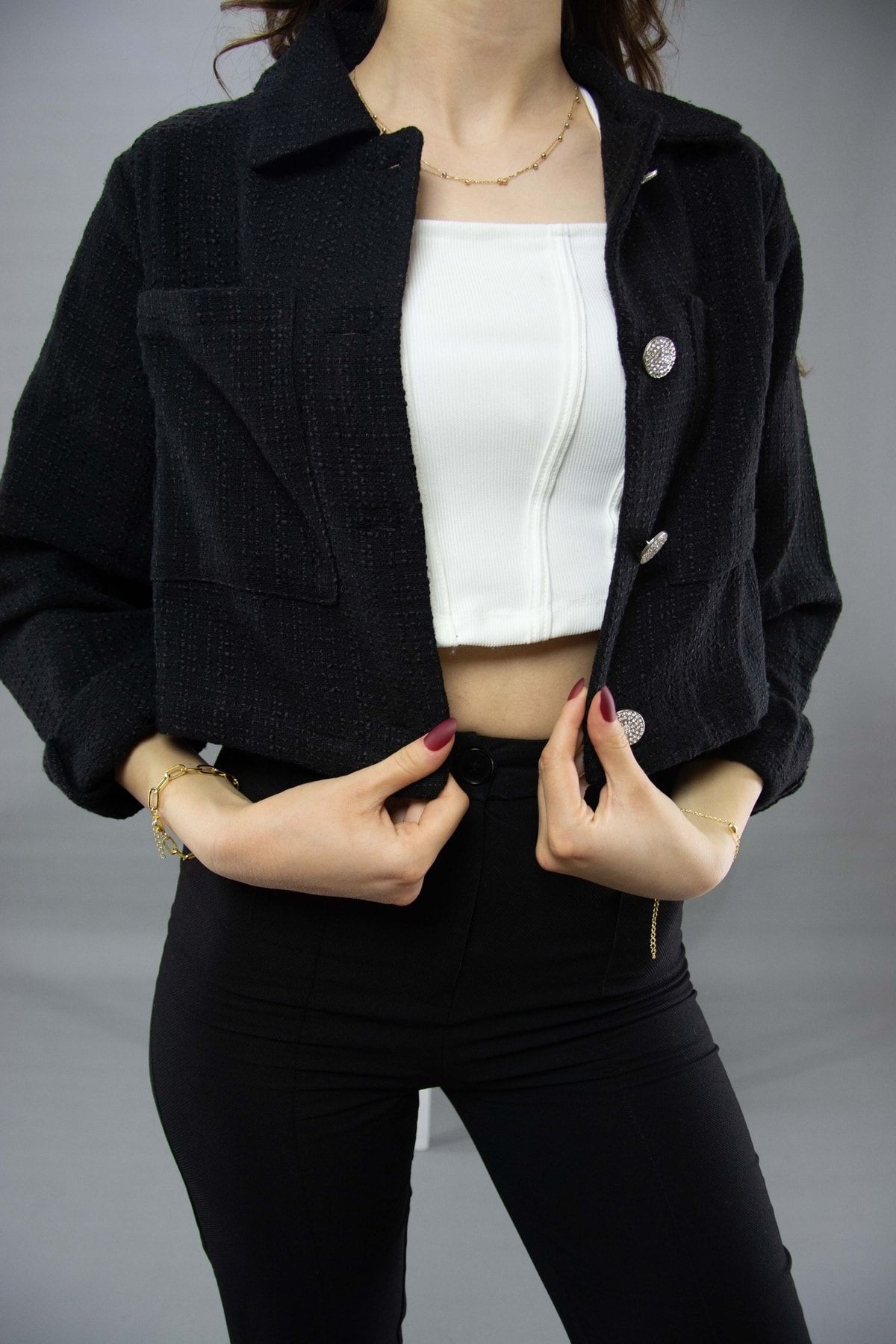 Buklet Kumaş Crop Ceket - Siyah