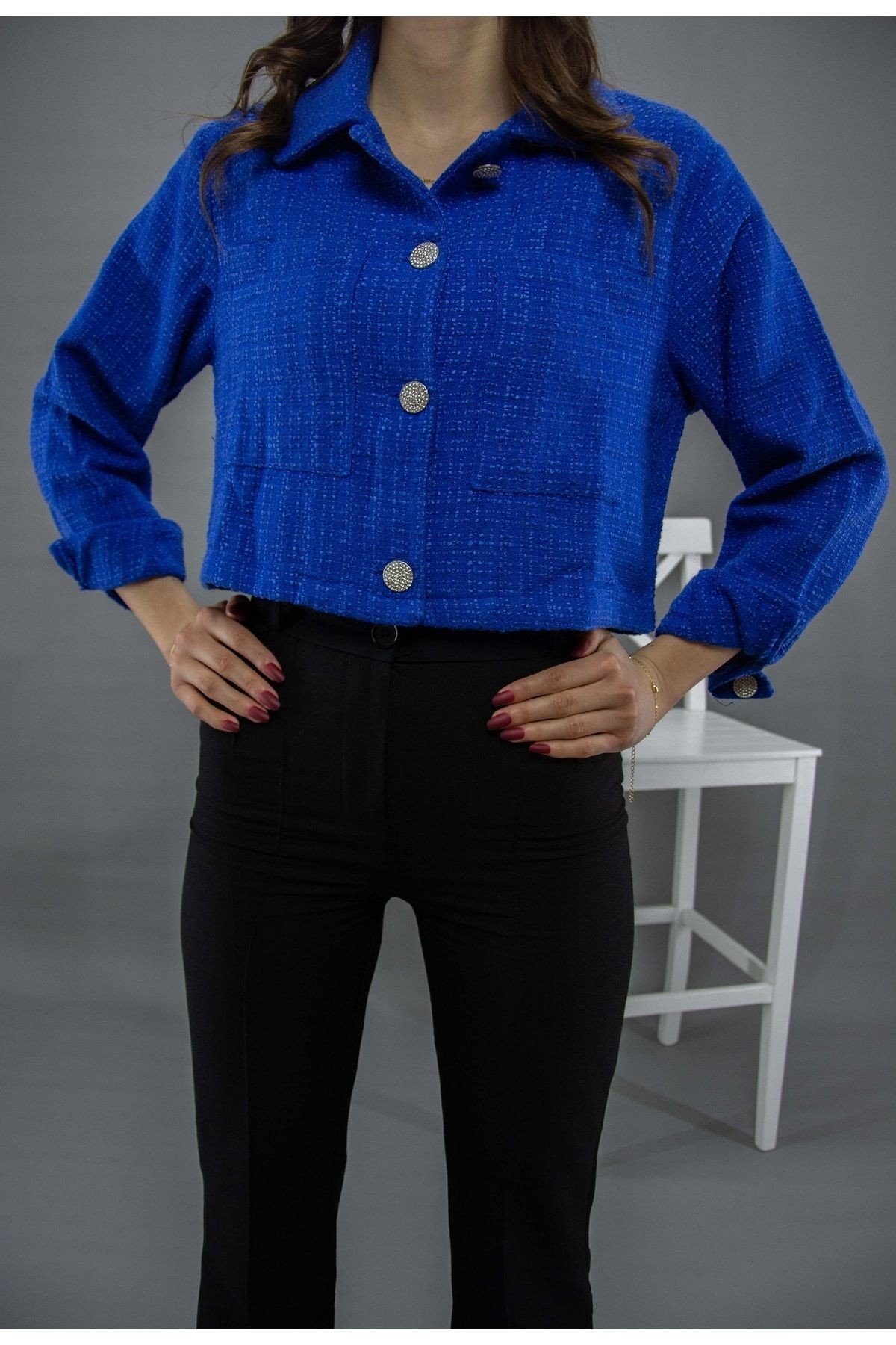 Buklet Kumaş Crop Ceket - saks mavisi
