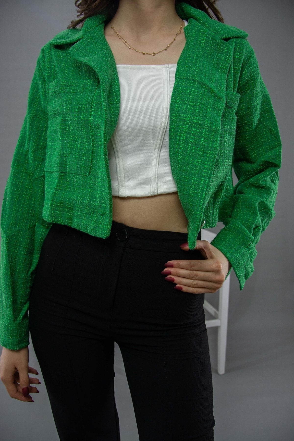 Buklet Kumaş Crop Ceket - yeşil