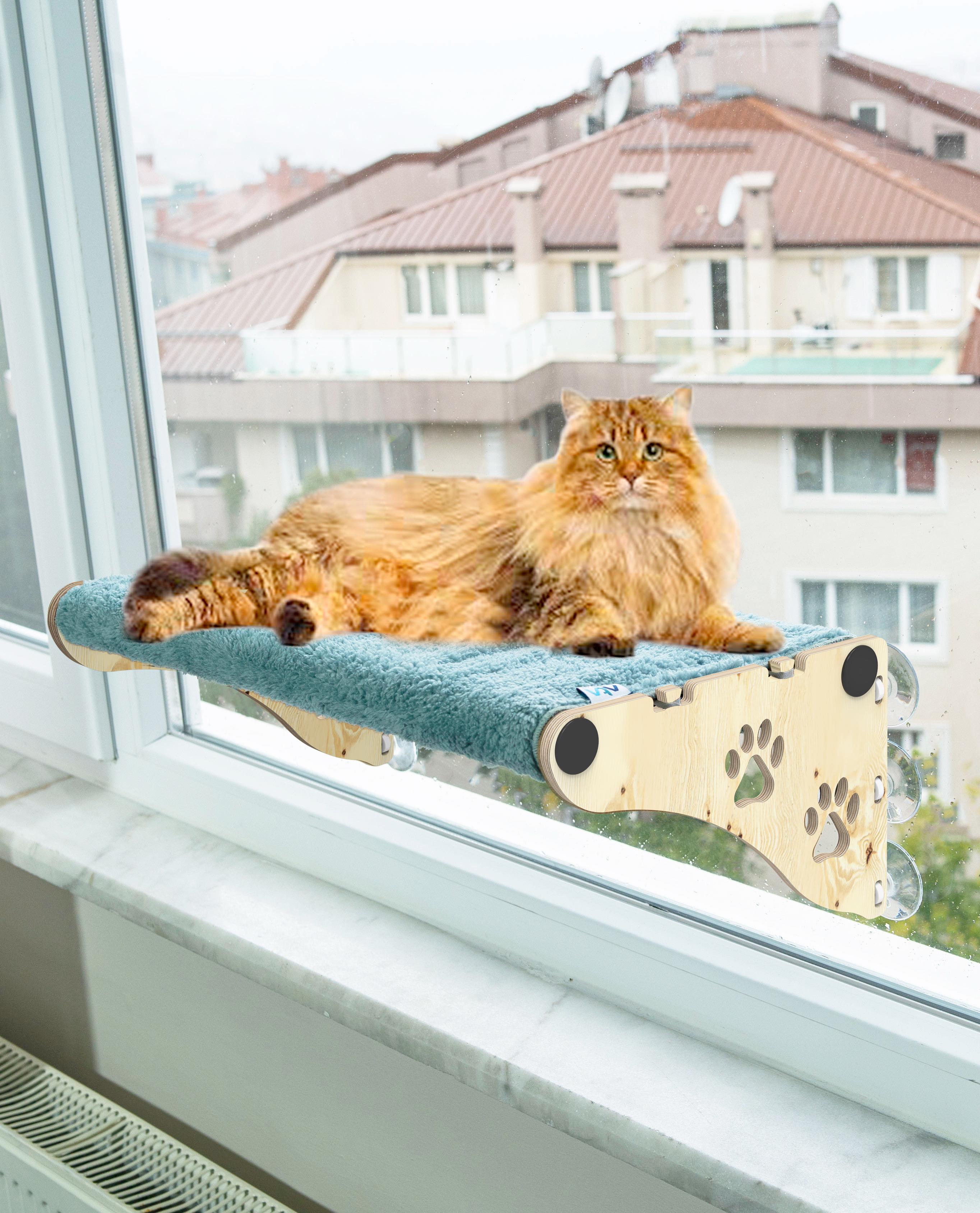 Büyük Boy Yeni Ahşap Cama Yapışan Kedi Yatağı Vantuzlu Cam Yatağı Terası - gri