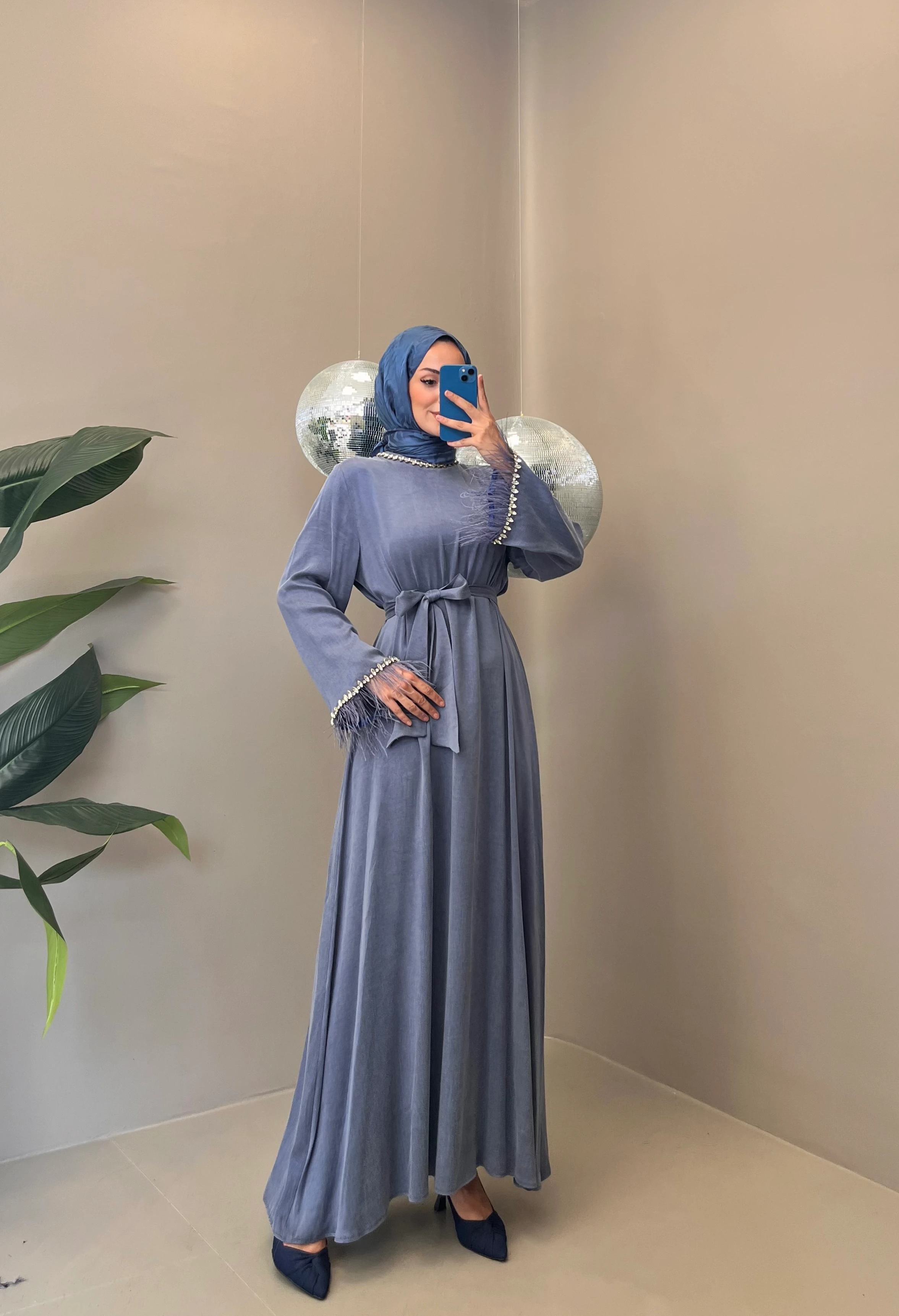 DÜZ CUPRA TAŞLI ELBİSE 