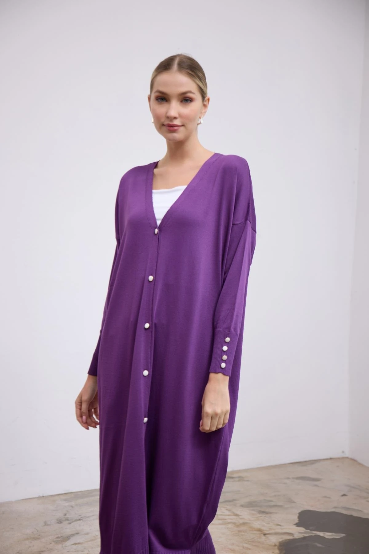 V Yaka Merserize Hırka-Mor