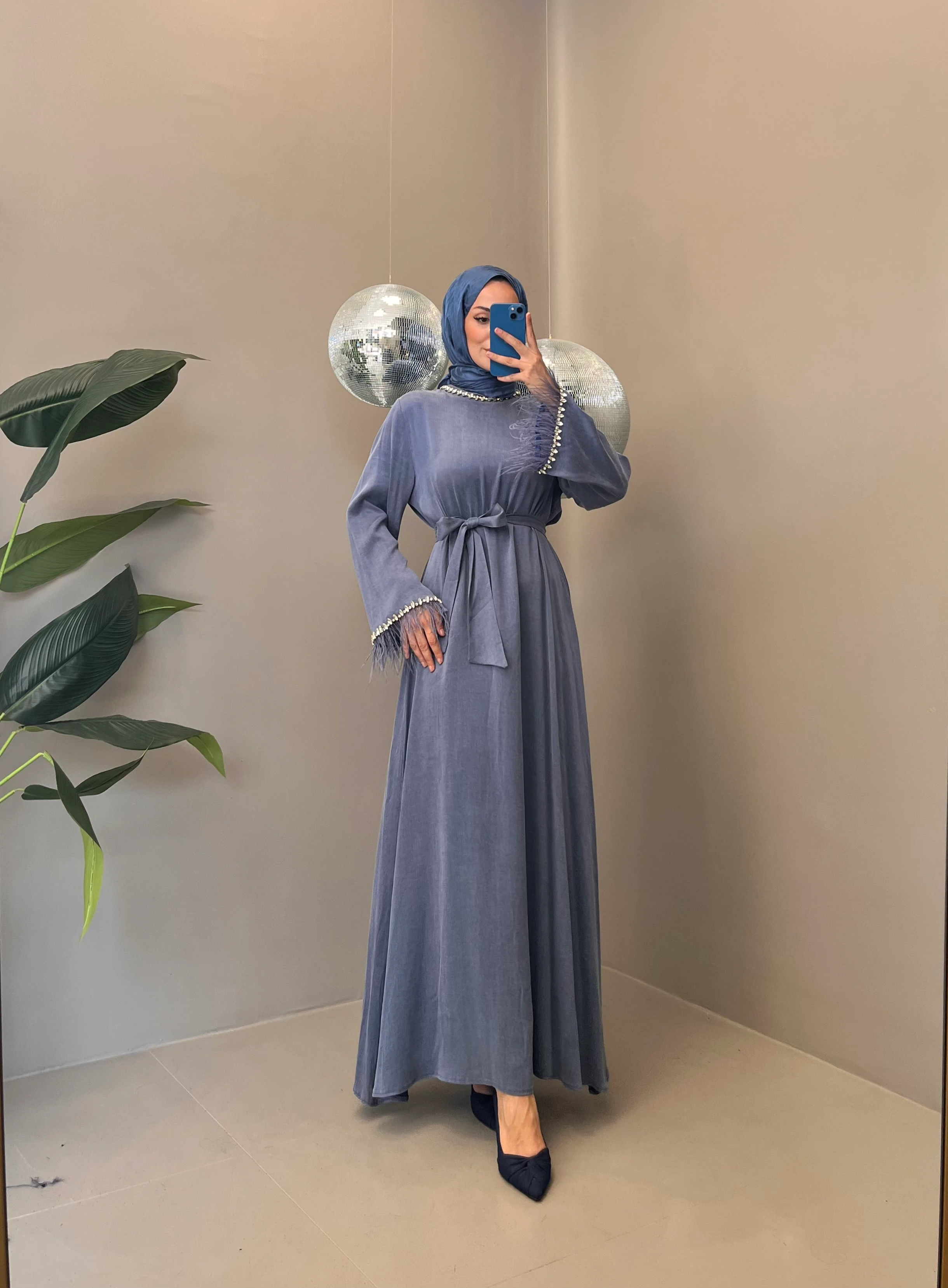 DÜZ CUPRA TAŞLI ELBİSE 