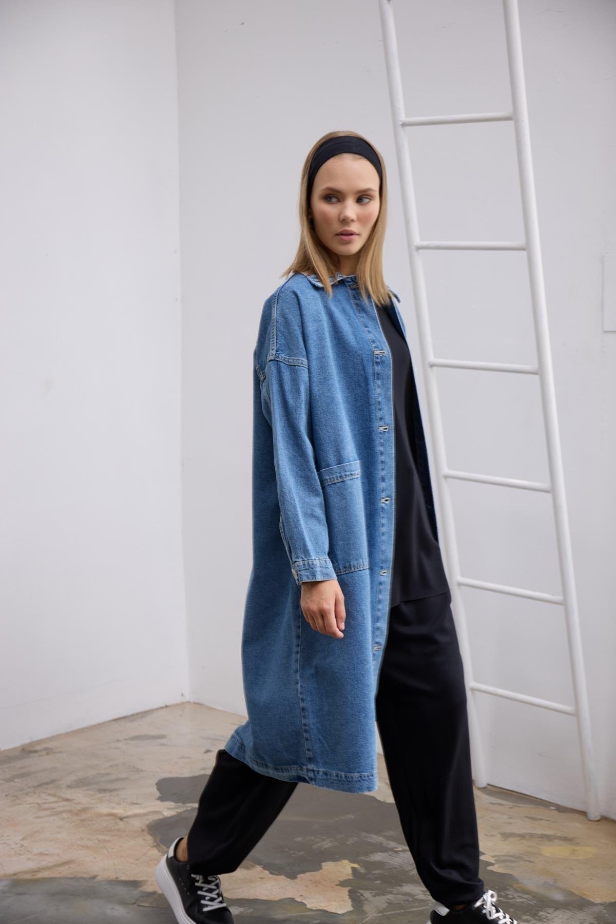 Oversize Uzun Denim Ceket-Mavi