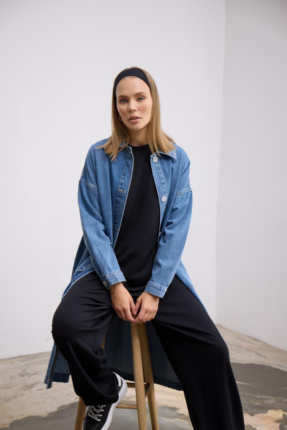 Oversize Uzun Denim Ceket-Mavi