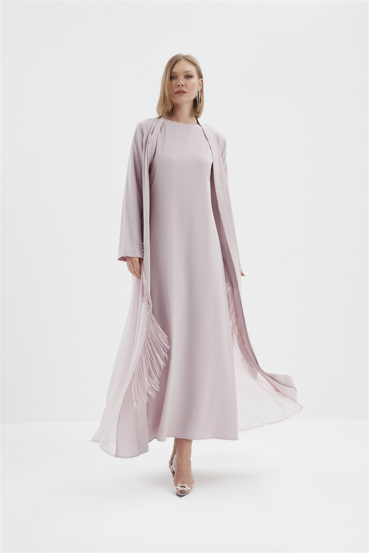 Nora Yanı Taşlı Püsküllü Abaya Takım