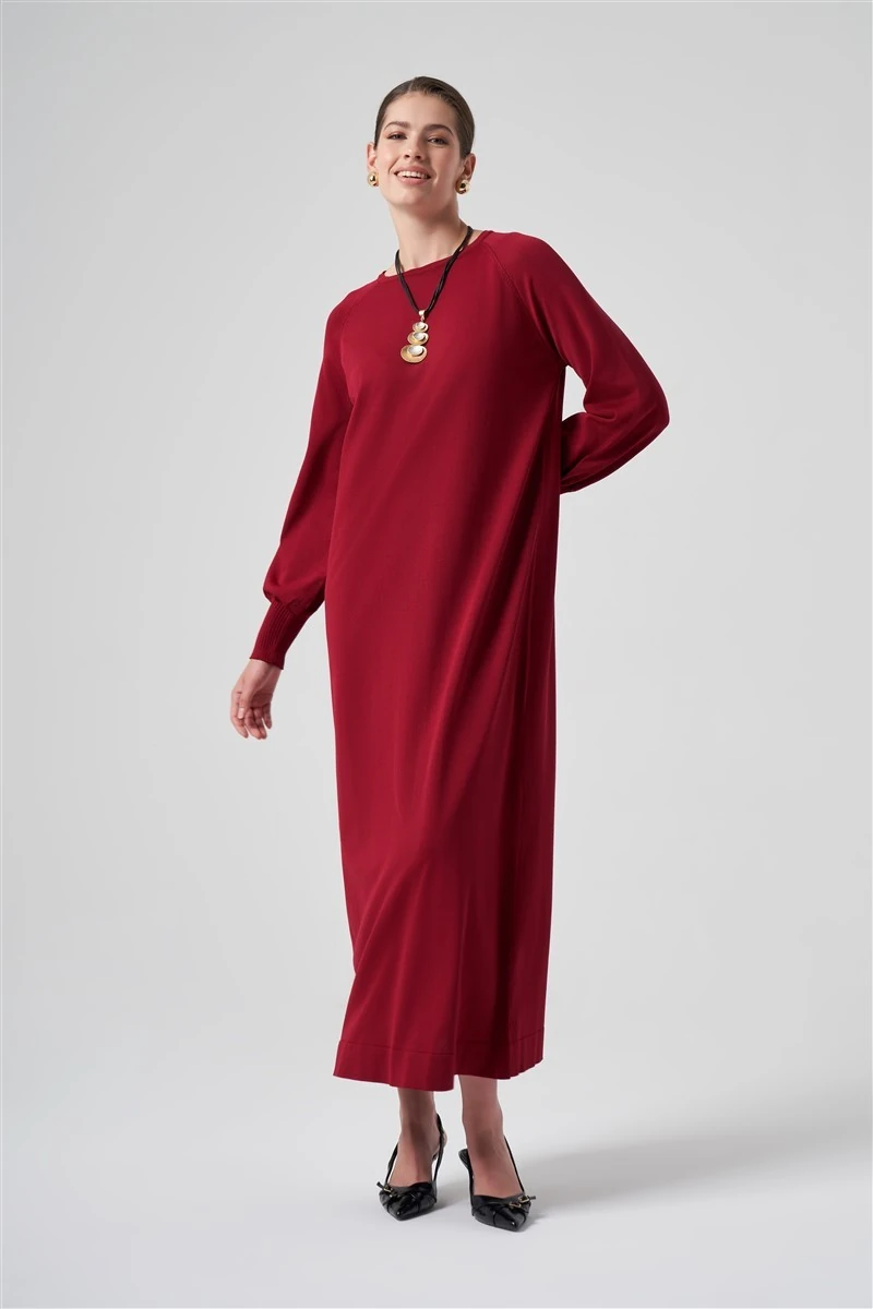 Balon Kol Elbise Bordo