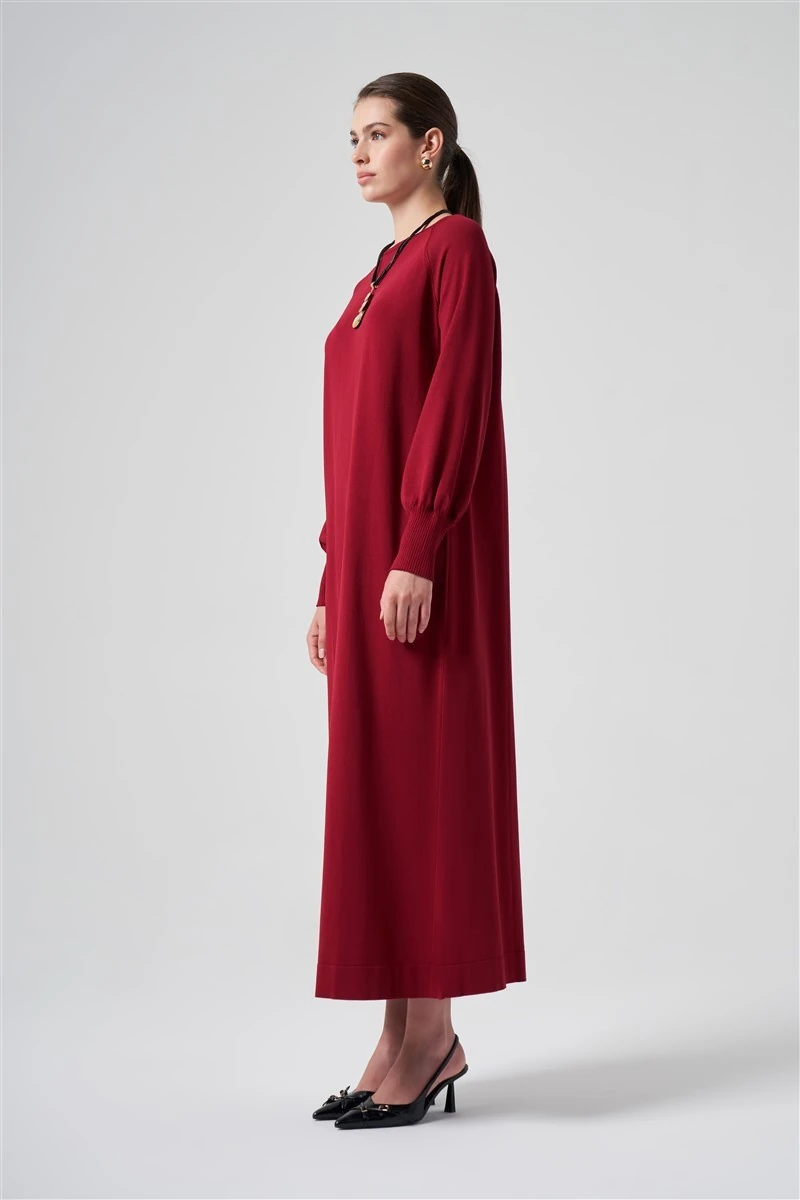 Balon Kol Elbise Bordo