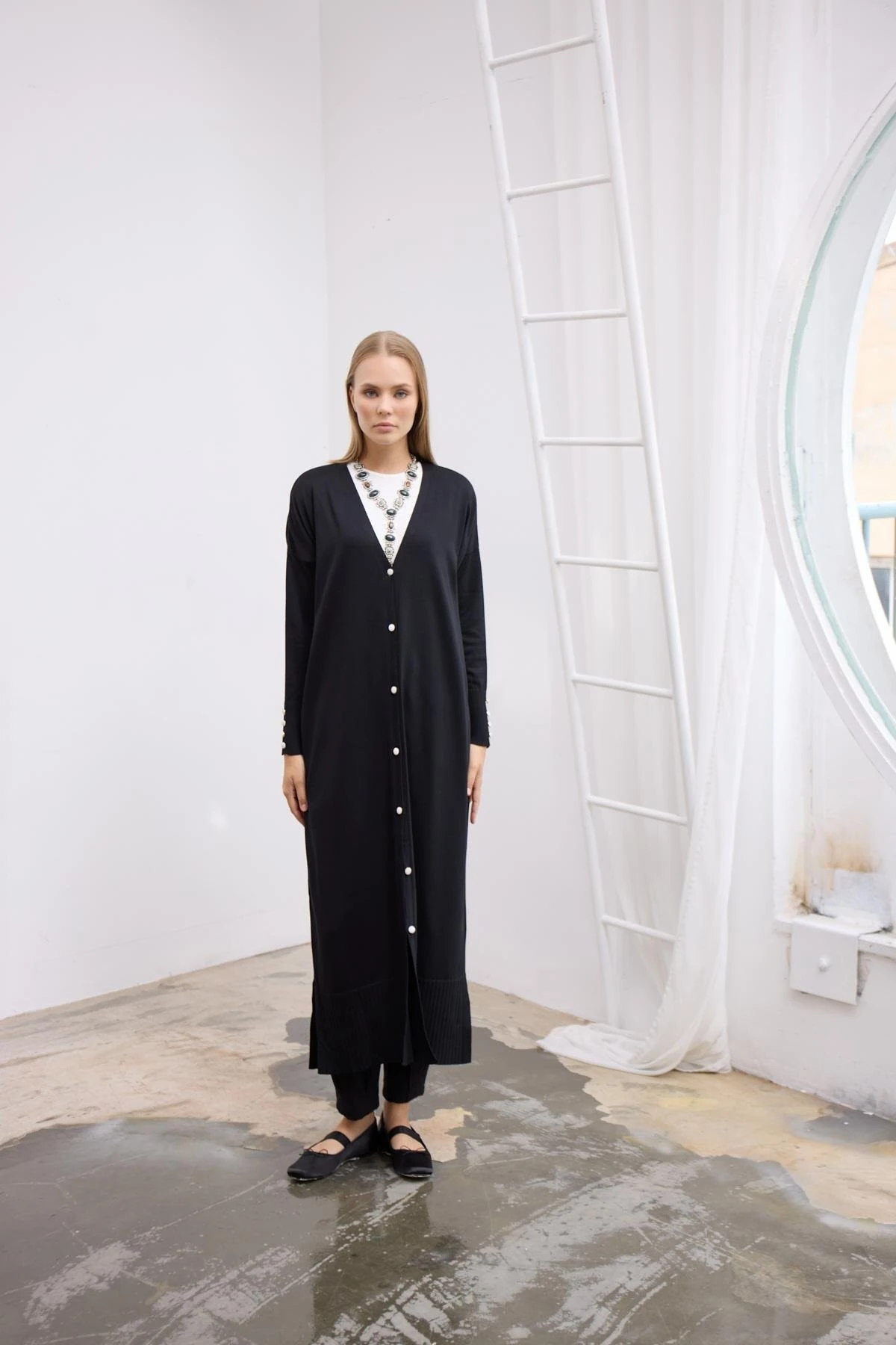 V Yaka Merserize Hırka-Siyah