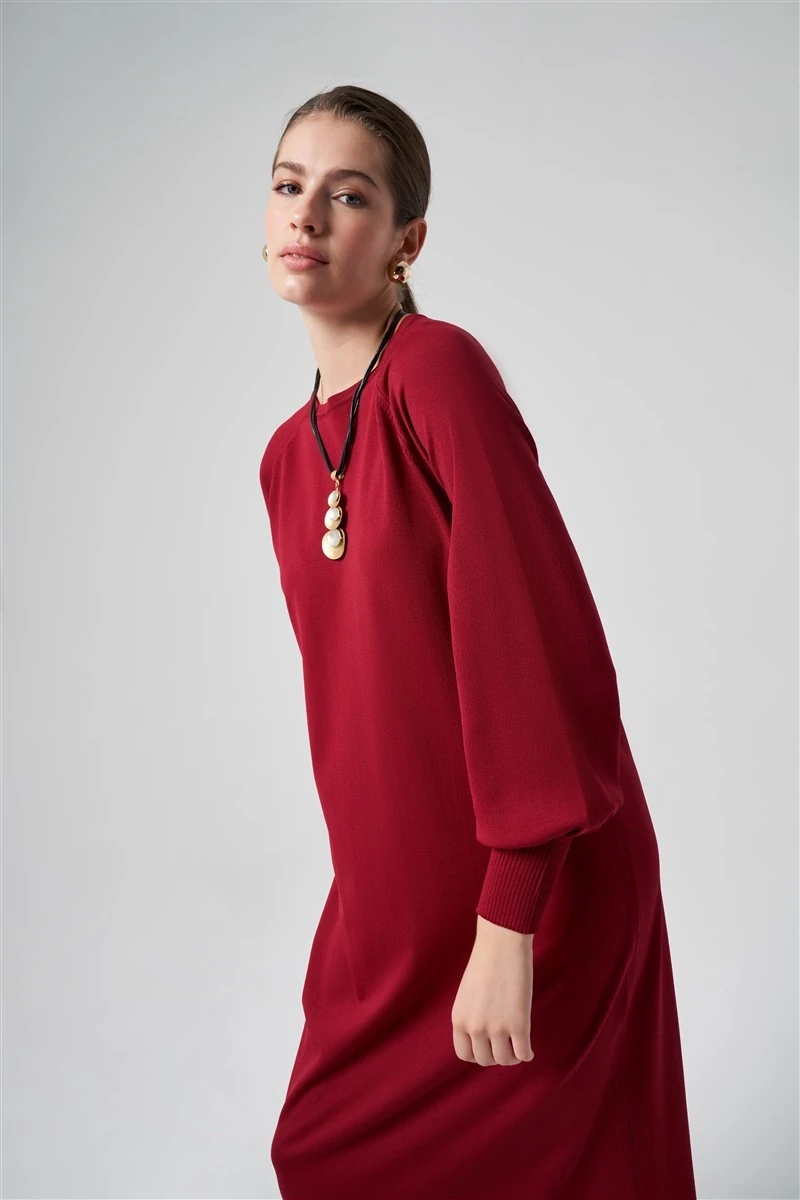 Balon Kol Elbise Bordo