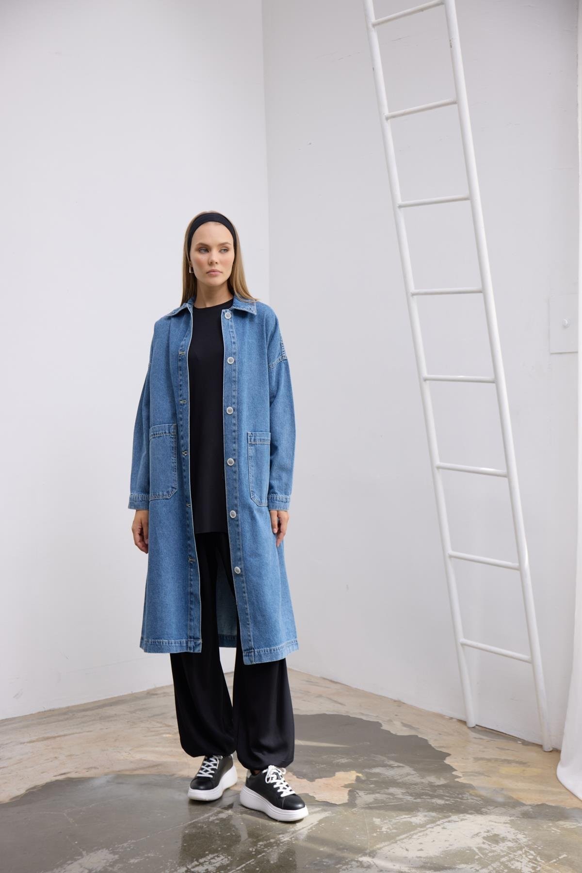Oversize Uzun Denim Ceket-Mavi
