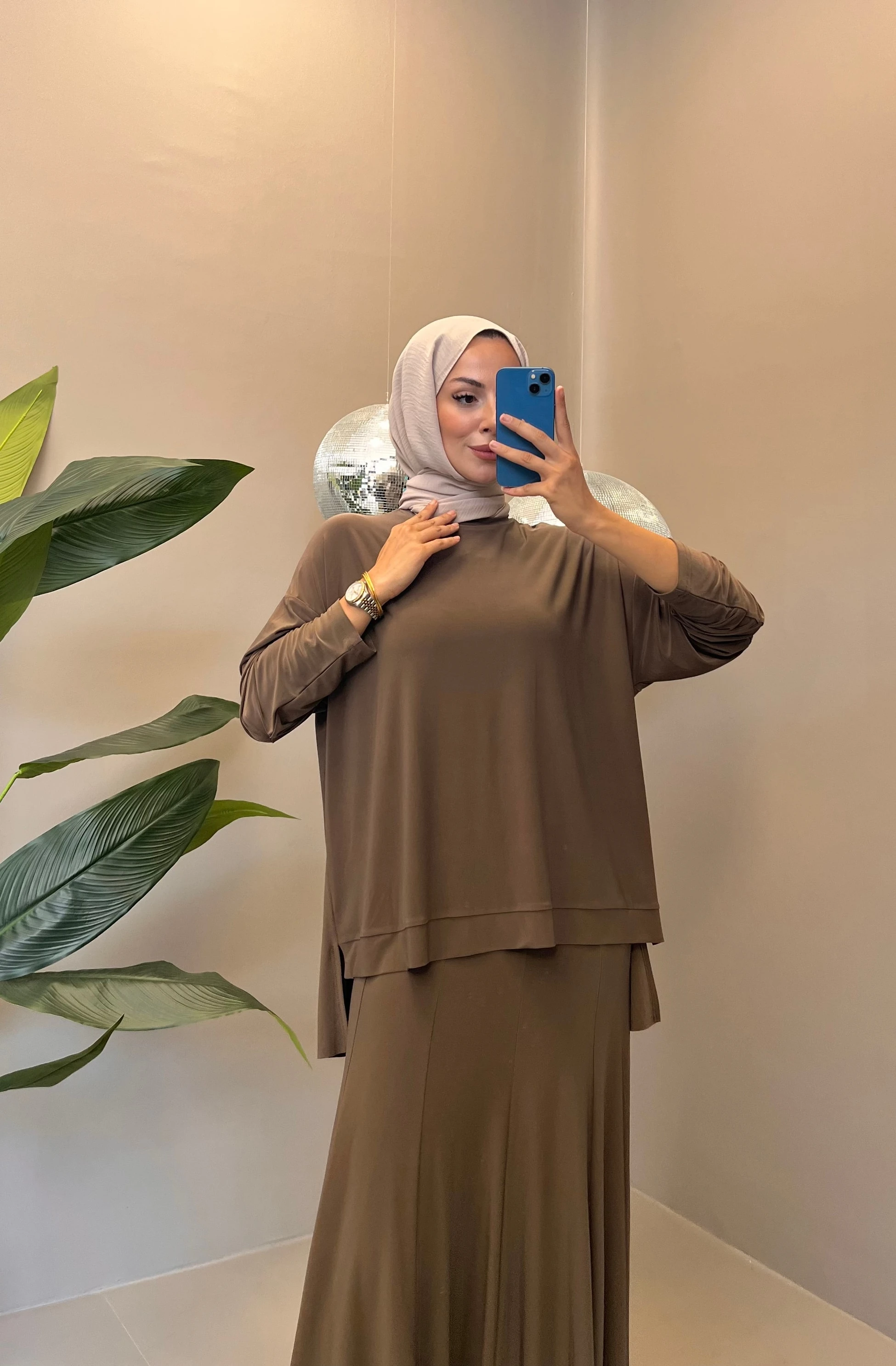 Nervüllü Etekli Takım Kahverengi