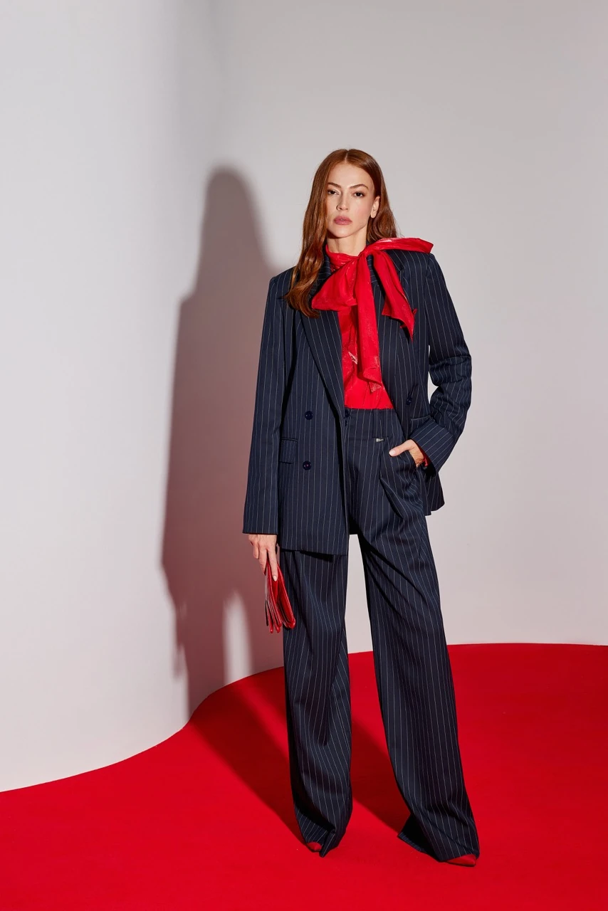 Viscon İçerikli Çizgili Rahat Kesim Ceket