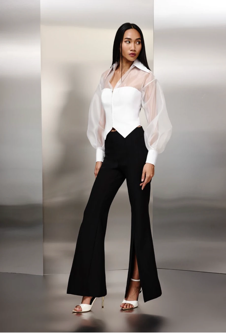 Ön Fermuar Detaylı Organze Tafta Bluz