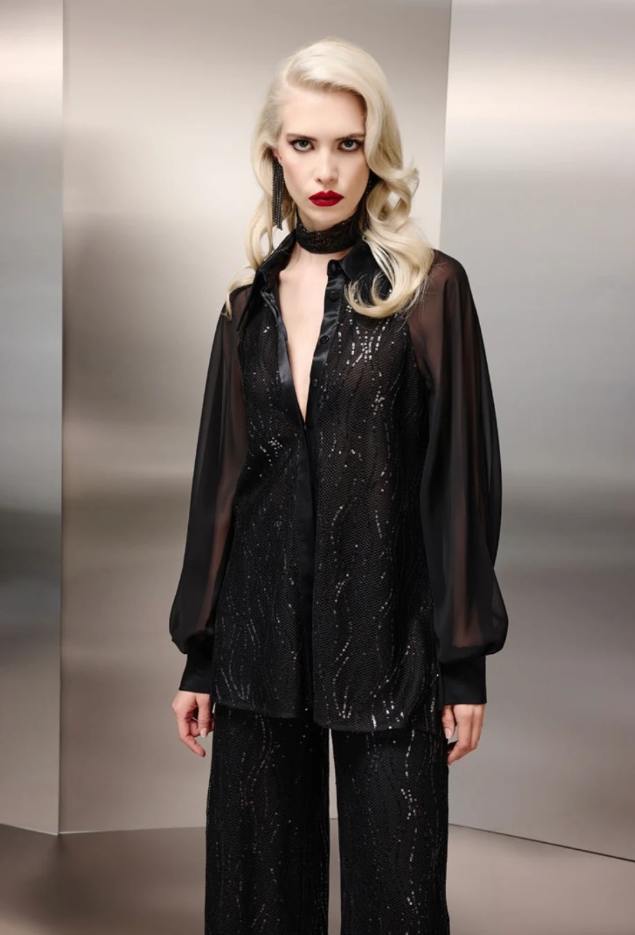 Flosh Viscon Satenli Dantel File Payetli Bluz