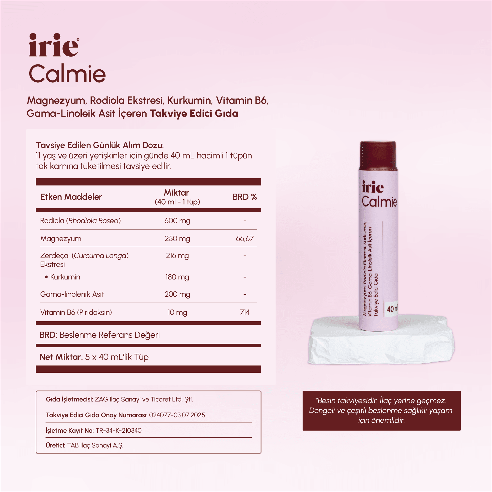 Calmie Magnezyum, Rodiola, Ekstresi, Kurkumin, Vit B6, GLA İçeren Takviye Edici Gıda (40mL x 5)
