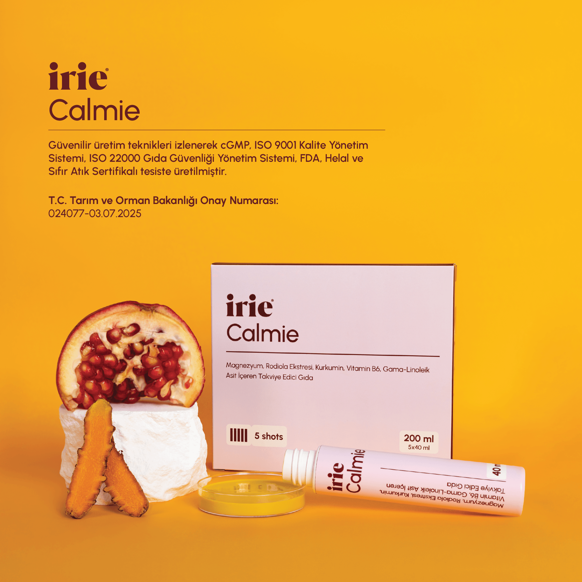 Calmie Magnezyum, Rodiola, Ekstresi, Kurkumin, Vit B6, GLA İçeren Takviye Edici Gıda (40mL x 5)