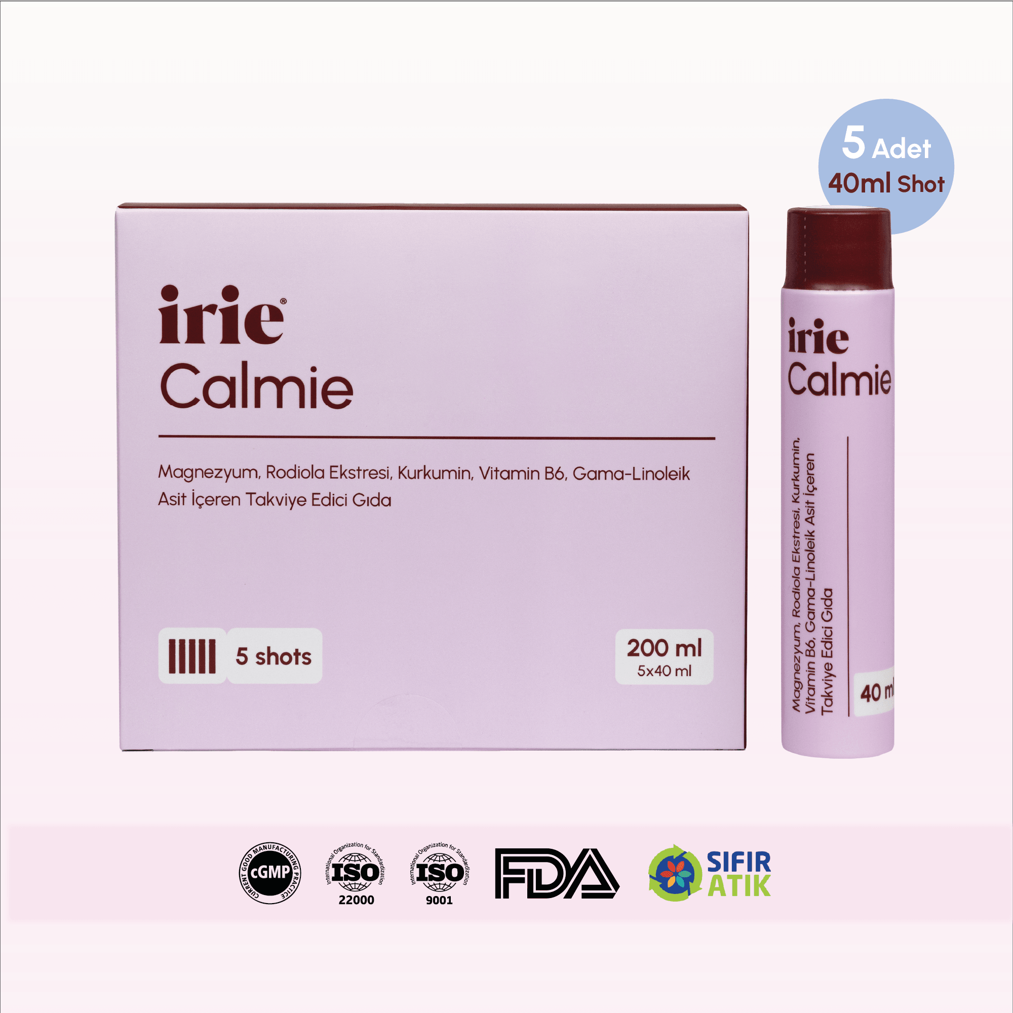 Calmie Magnezyum, Rodiola, Ekstresi, Kurkumin, Vit B6, GLA İçeren Takviye Edici Gıda (40mL x 5)