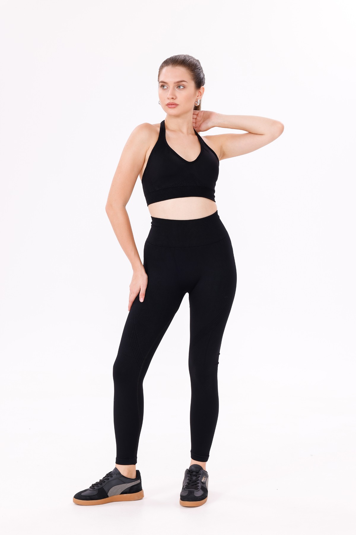 Seamless Fit Yüksek Bel Toparlayıcı Örgü Detaylı Spor Tayt & Sütyen Takımı