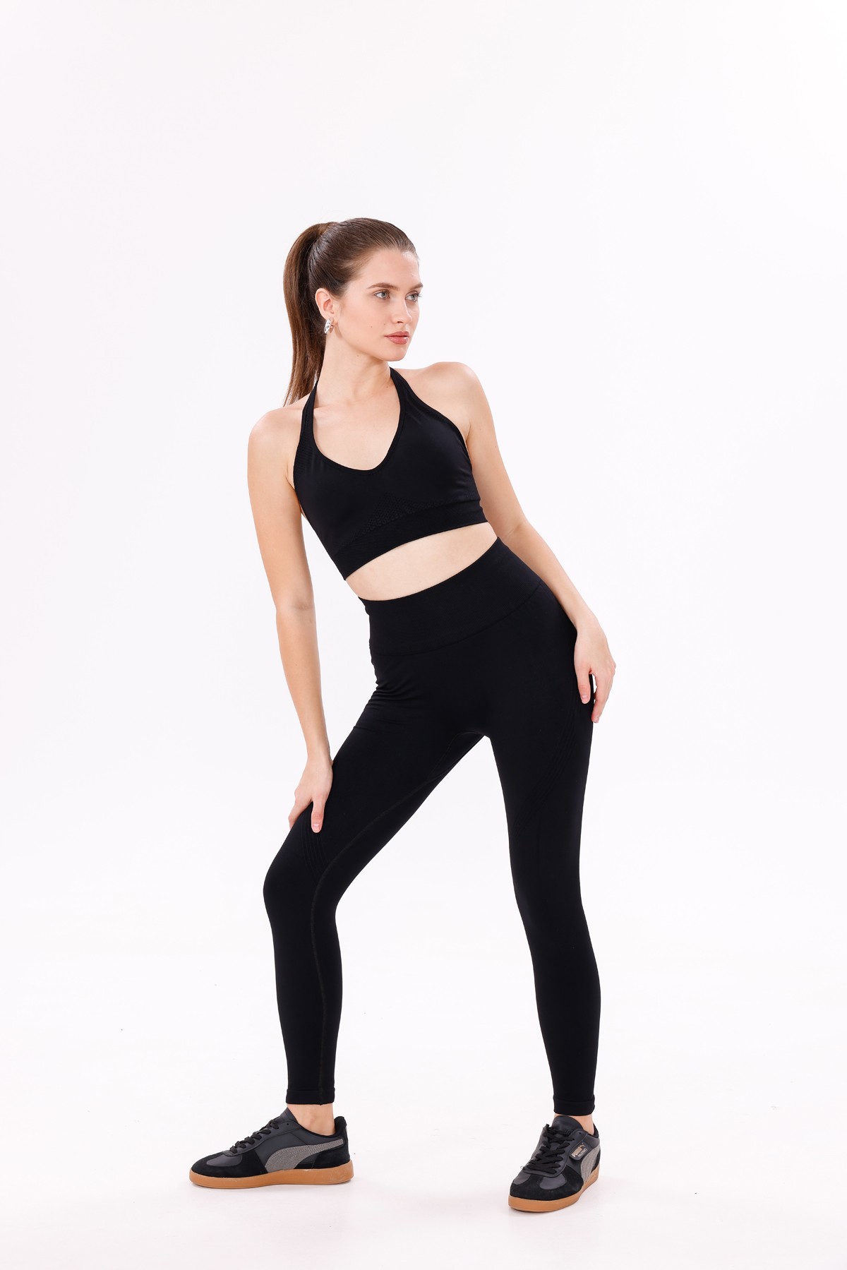 Seamless Fit Yüksek Bel Toparlayıcı Örgü Detaylı Spor Tayt & Sütyen Takımı