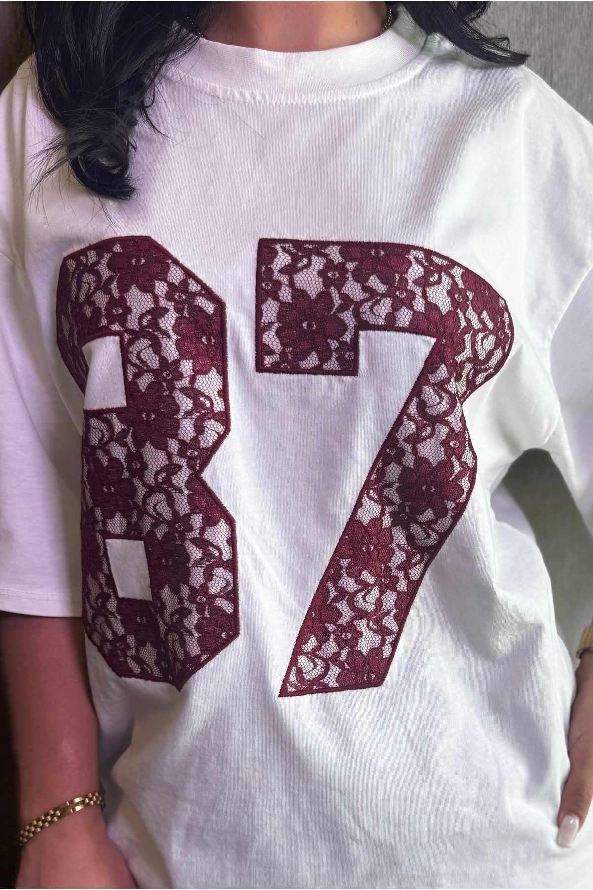 Kadın Bordo Dantel Detaylı Oversize T-shirt Ve Astarsız Dantel Etek Alt/üst Takım