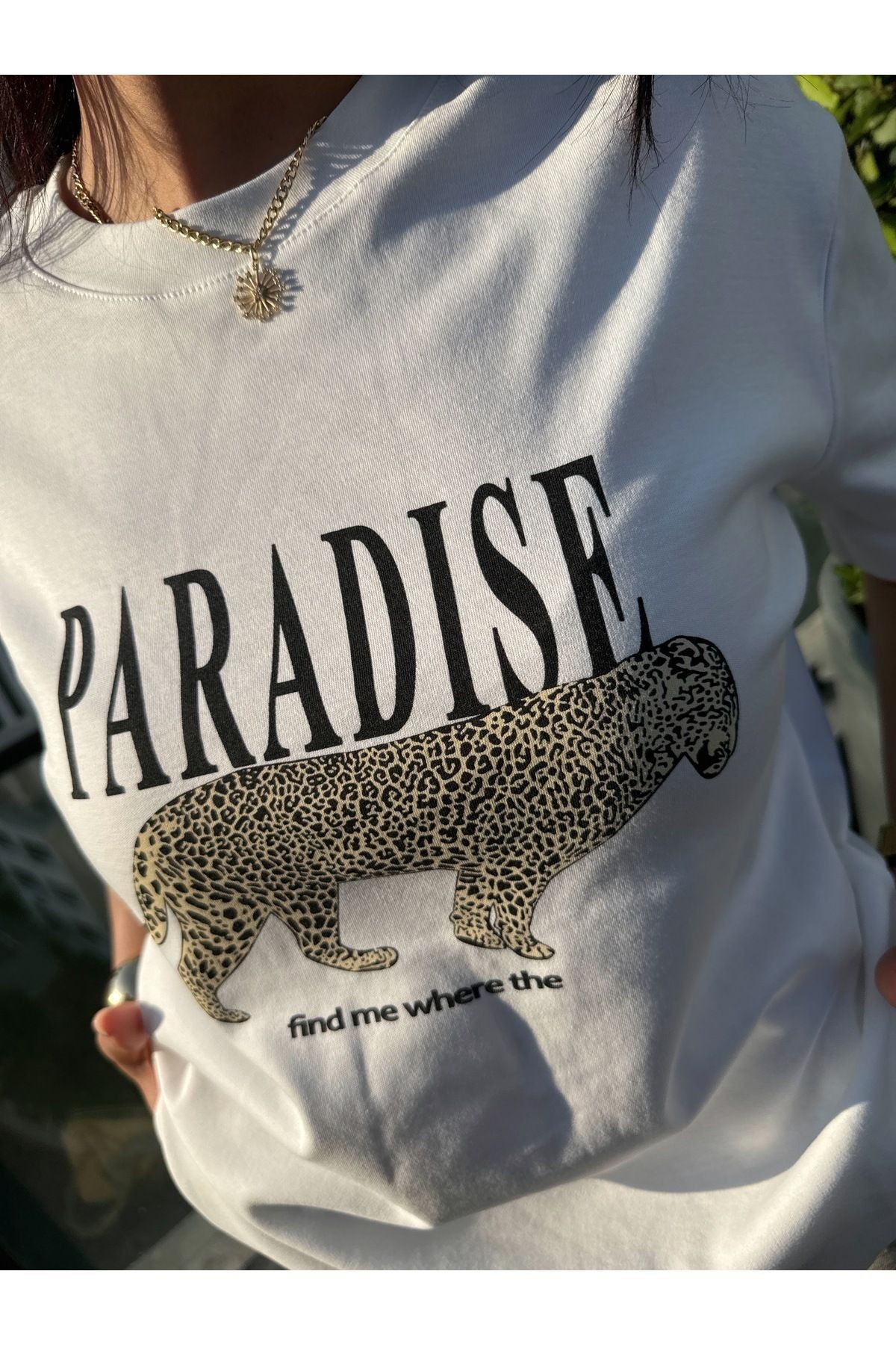 Kadın Beyaz Paradise Leopar Baskılı Kısa Kol Relax Fit Rahat Kesim Regular T-shirt