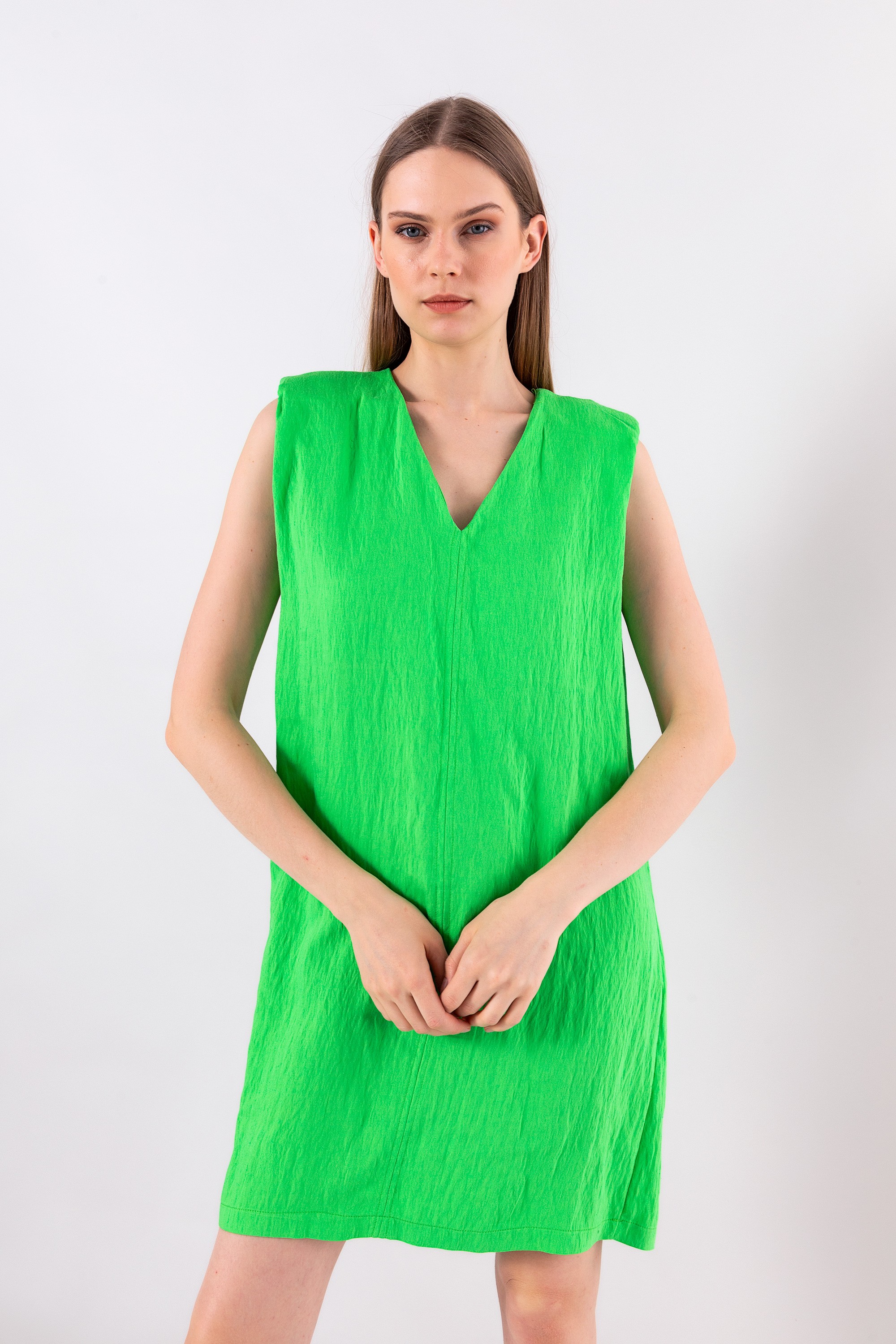 23YE124 Vatkalı Elbise - Yeşil