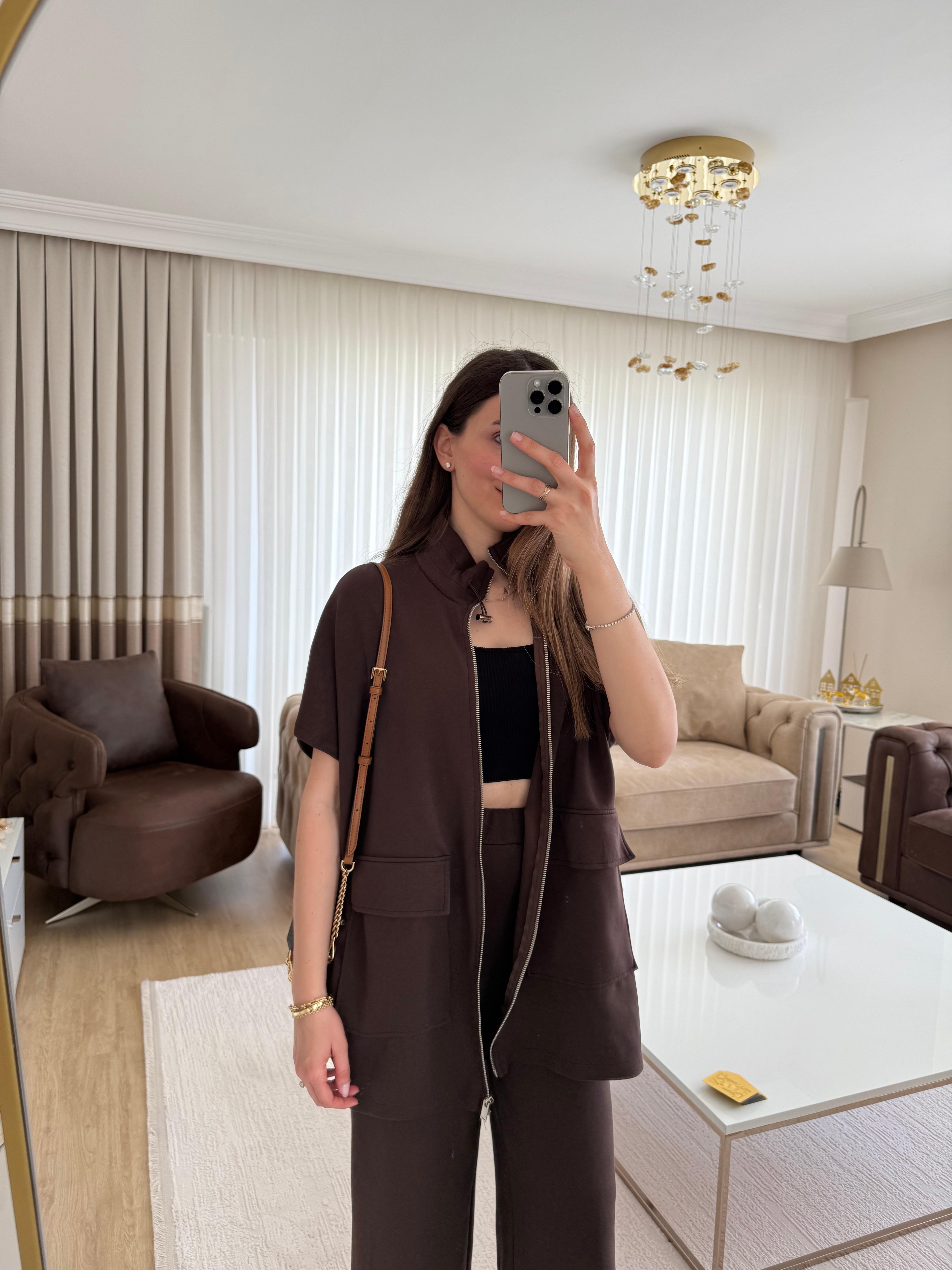 Siyah Bel Lastik Detaylı Yelekli Modal Takım - KAHVE