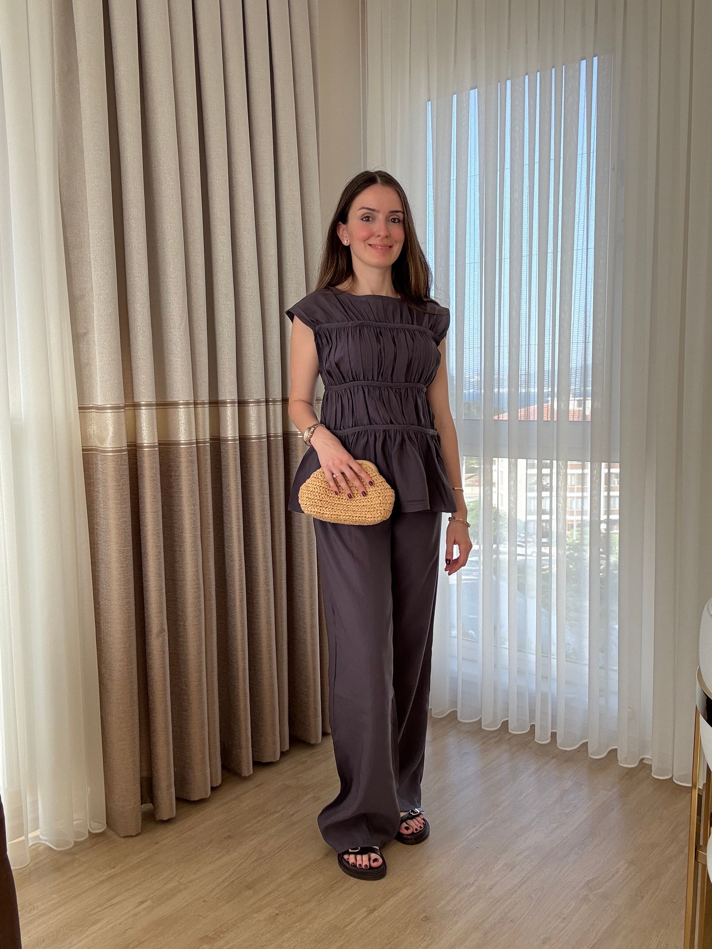 Tencel Kumaş Büzgülü Bluz Pantolon Takım - FÜME