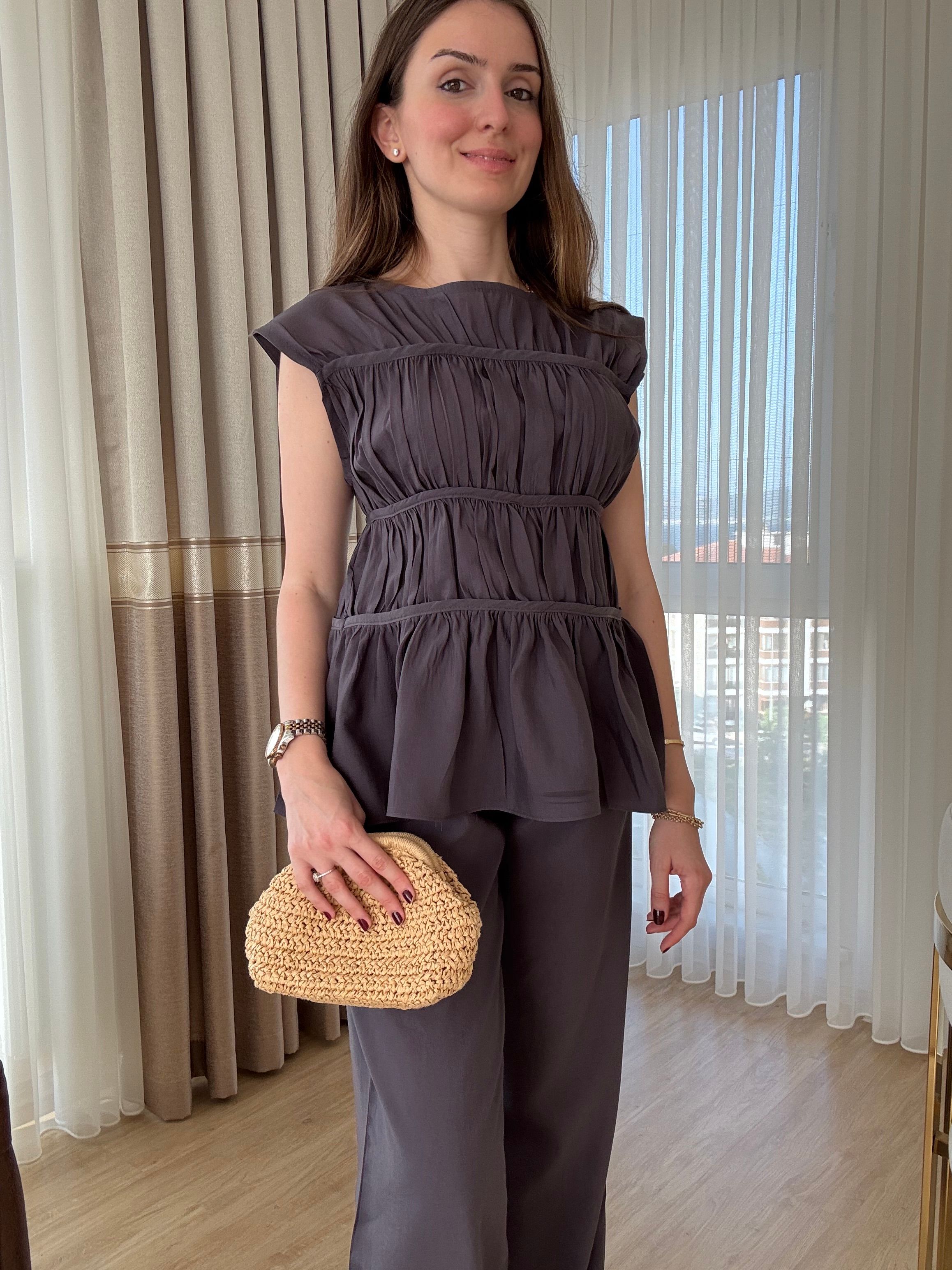 Tencel Kumaş Büzgülü Bluz Pantolon Takım - FÜME