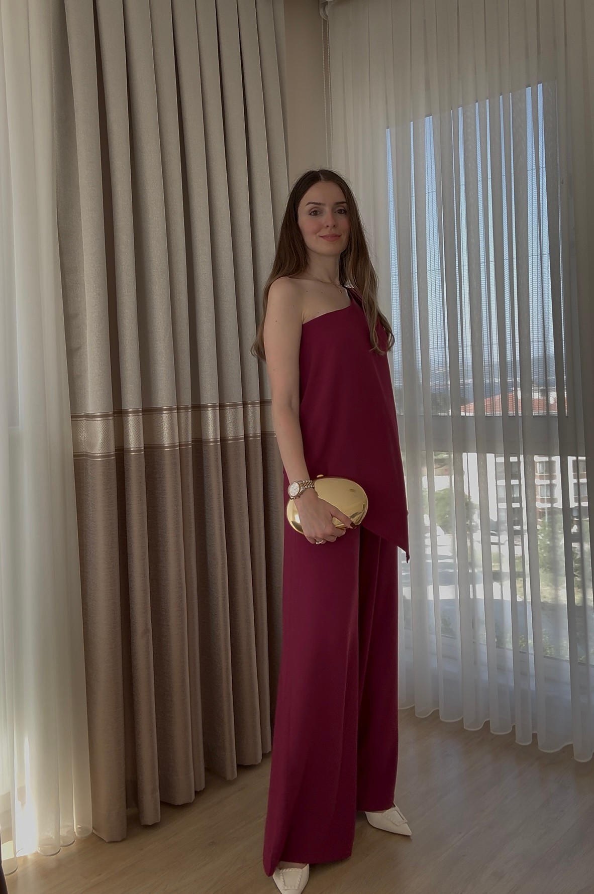 Tek Kol Asimetrik Pantolon Bluz Takım - Mürdüm