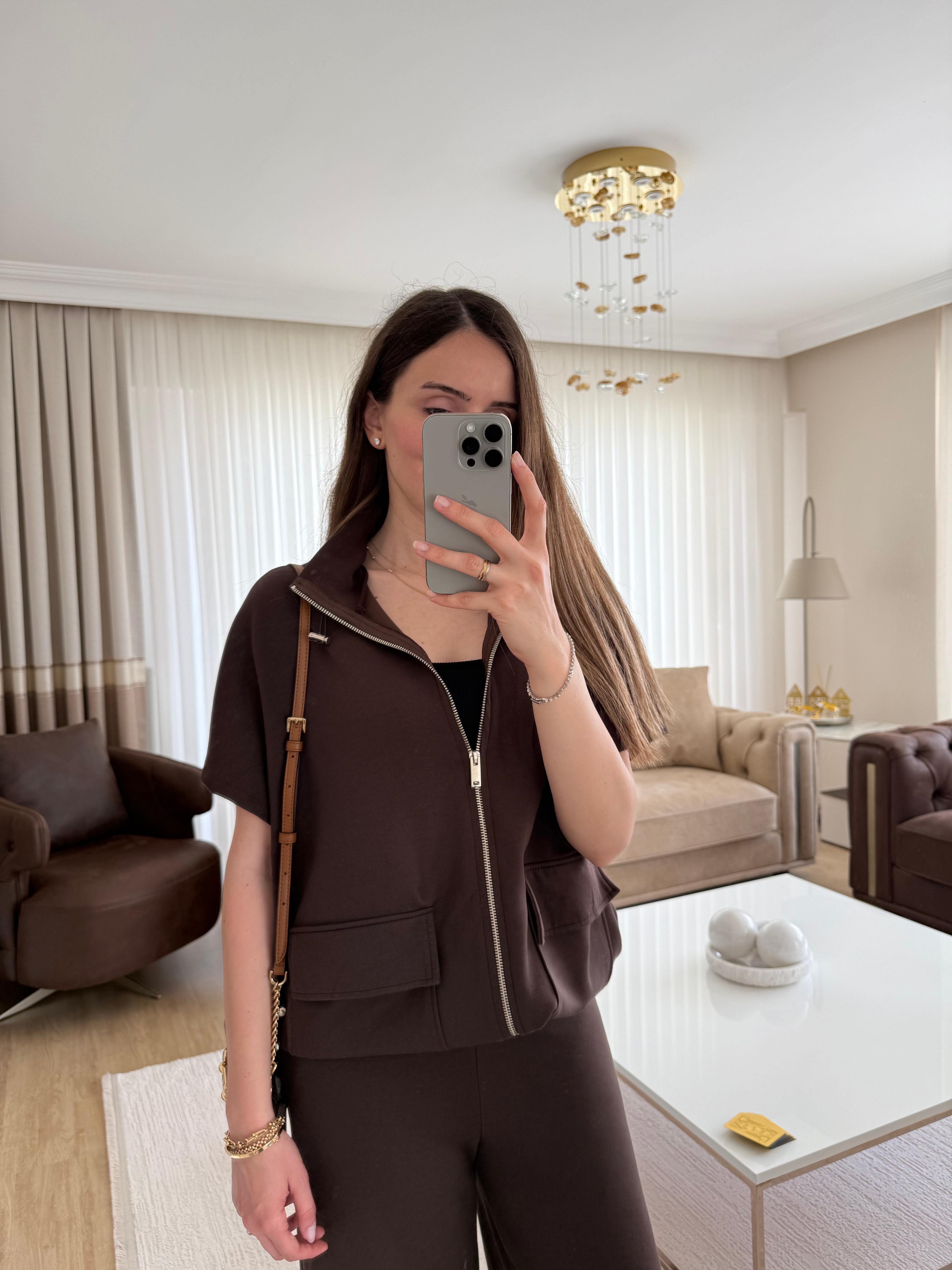 Siyah Bel Lastik Detaylı Yelekli Modal Takım - KAHVE