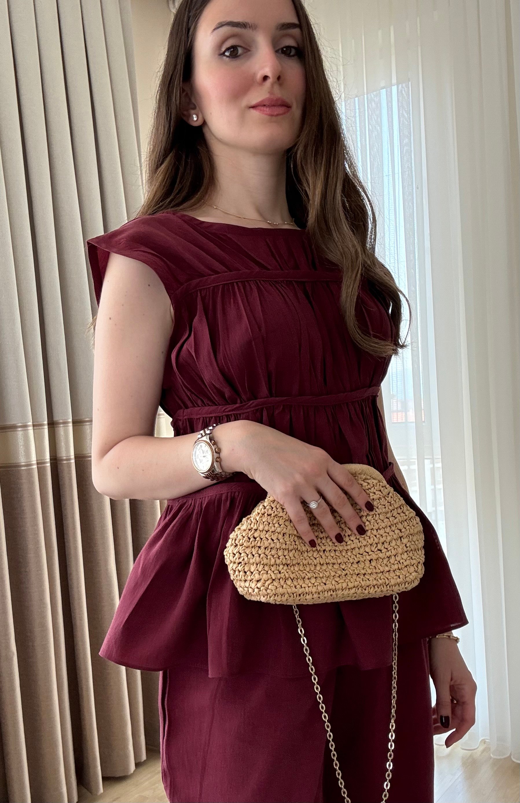 Tencel Kumaş Büzgülü Bluz Pantolon Takım - BORDO